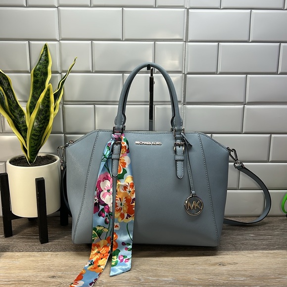 Michael Kors Handbags - Michael Kors Blue Satchel with Floral Scarf